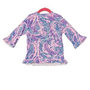 LILY PULITZER Girl's Ruffle Hem 3/4 Sleeve Pink Blue AlligatorRash Guard Top 10